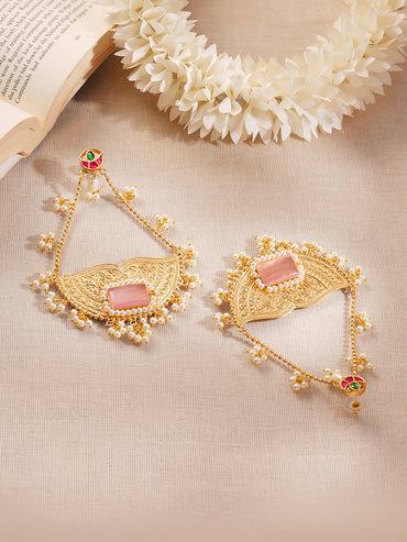 Gold Plated Pastel Pink Pearl Kashmiri Dangler Earrings