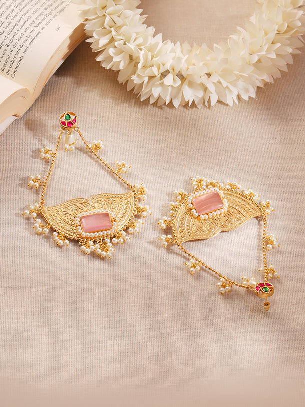 Gold Plated Pastel Pink Pearl Kashmiri Dangler Earrings