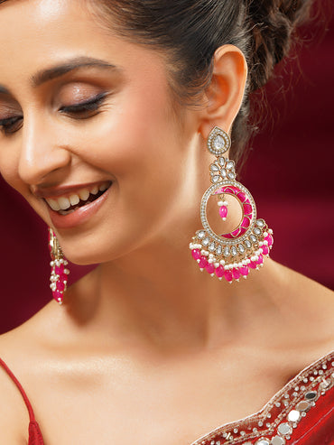 Rhodium Plated Pearl Beaded Kundan Pink Chandbalis Earrings