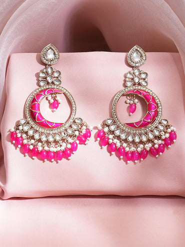 Rhodium Plated Pearl Beaded Kundan Pink Chandbalis Earrings