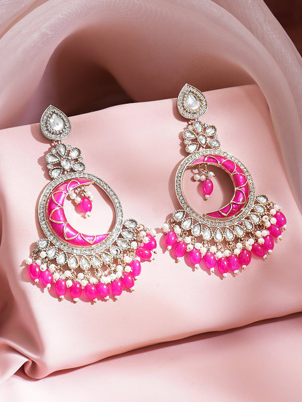 Rhodium Plated Pearl Beaded Kundan Pink Chandbalis Earrings