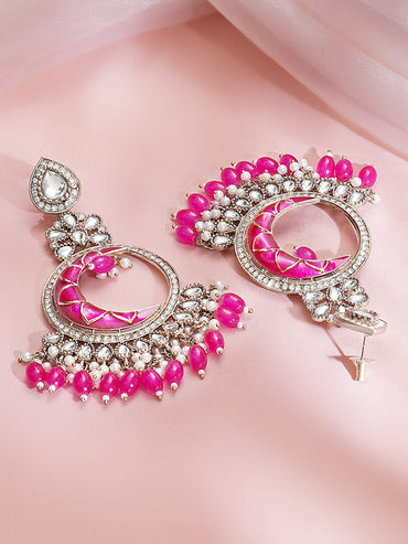 Rhodium Plated Pearl Beaded Kundan Pink Chandbalis Earrings