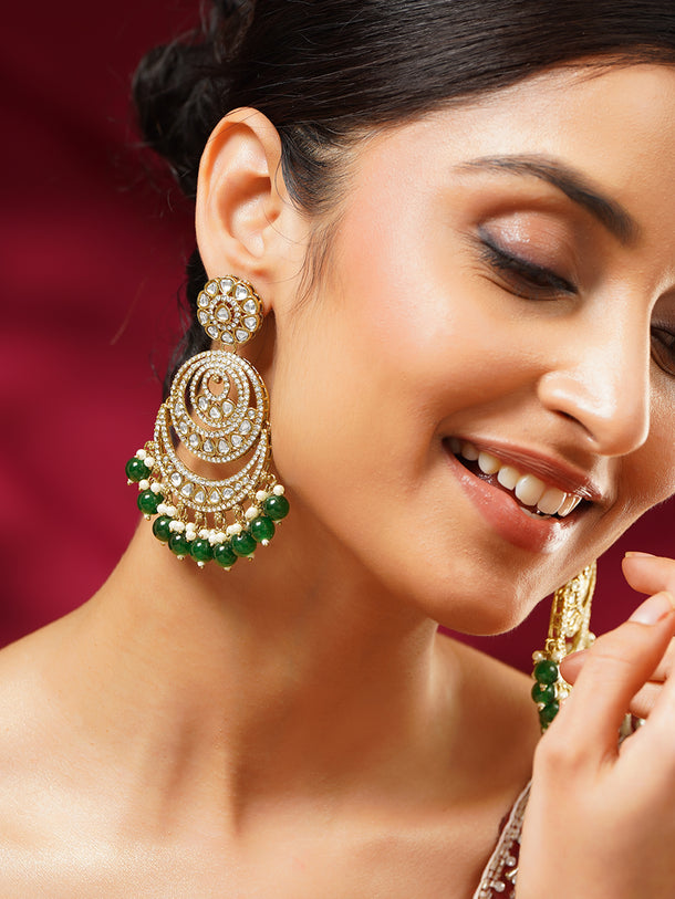 Gold Plated Green Beaded Kundan Chandbali With pearl detailing Earrings