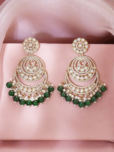 Gold Plated Green Beaded Kundan Chandbali With pearl detailing Earrings