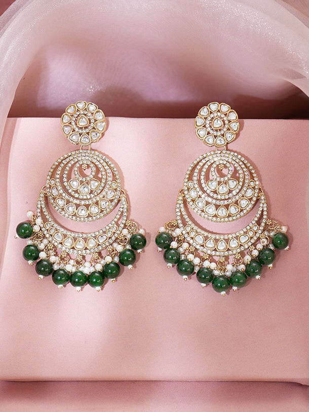 Gold Plated Green Beaded Kundan Chandbali With pearl detailing Earrings