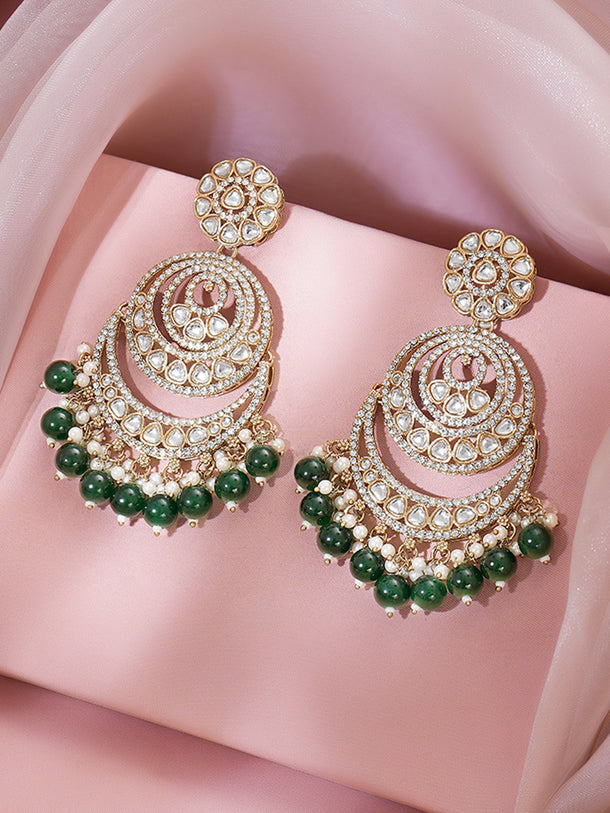 Gold Plated Green Beaded Kundan Chandbali With pearl detailing Earrings