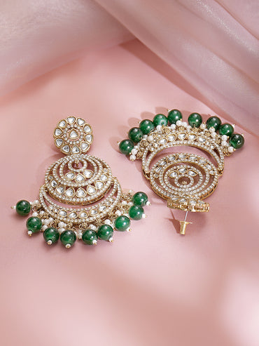 Gold Plated Green Beaded Kundan Chandbali With pearl detailing Earrings