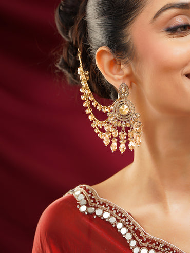 Gold Plated Kundan Drape Jhoomar Chain Earrings