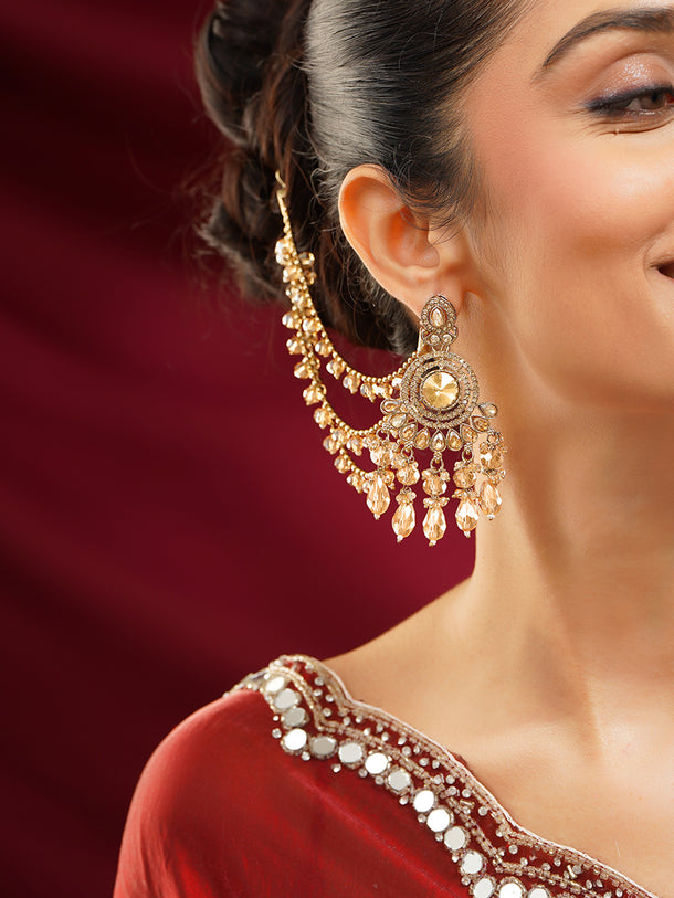 Gold Plated Kundan Drape Jhoomar Chain Earrings
