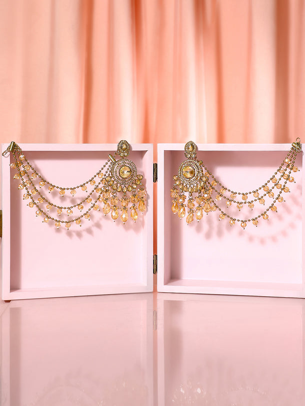 Gold Plated Kundan Drape Jhoomar Chain Earrings