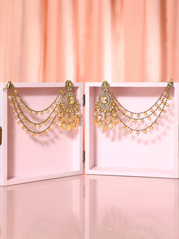 Gold Plated Kundan Drape Jhoomar Chain Earrings