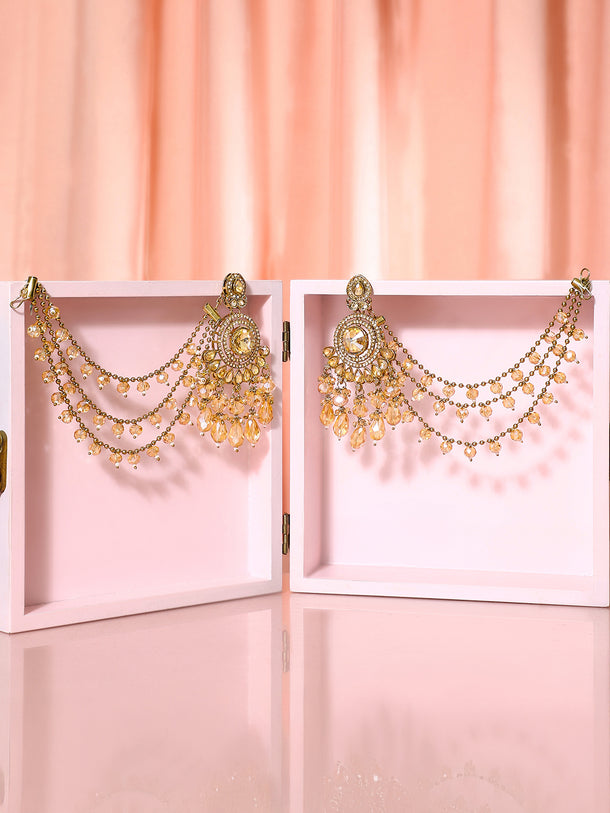Gold Plated Kundan Drape Jhoomar Chain Earrings
