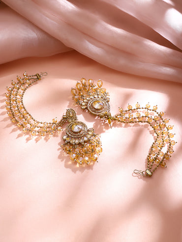 Gold Plated Kundan Drape Jhoomar Chain Earrings