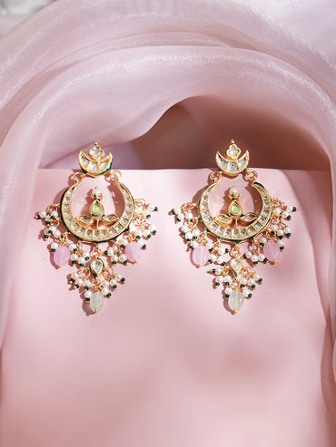 Gold Plated Kundan white pearls and cluster beads Chandbali Earrings