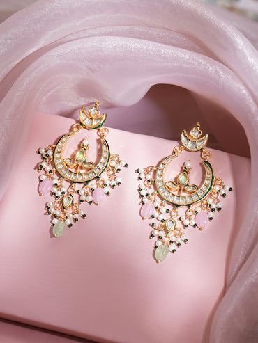 Gold Plated Kundan white pearls and cluster beads Chandbali Earrings