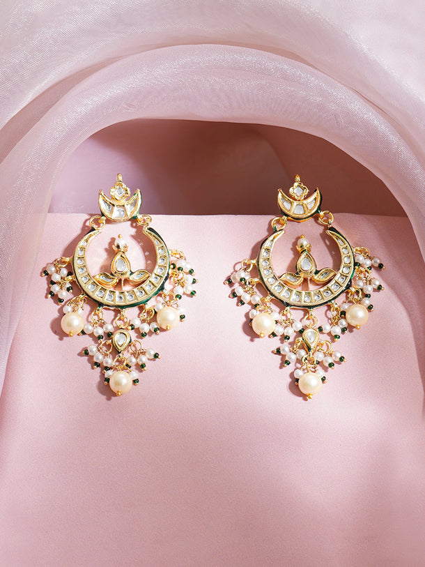 Gold Plated Kundan white pearls and cluster beads Chandbali Earrings