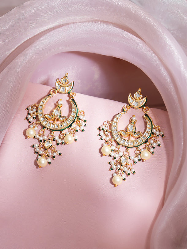 Gold Plated Kundan white pearls and cluster beads Chandbali Earrings