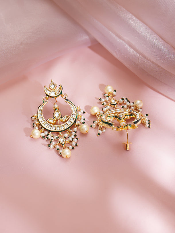 Gold Plated Kundan white pearls and cluster beads Chandbali Earrings