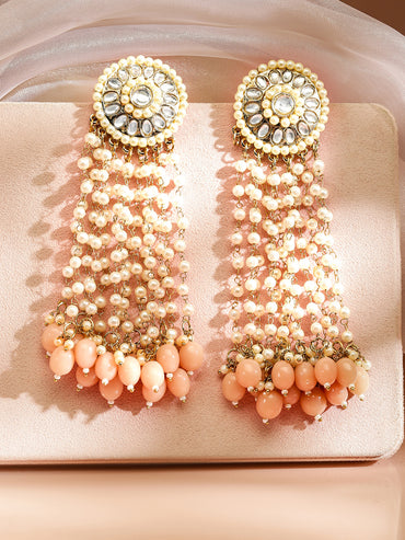 Rubans 18K Gold-Plated Multilayered Kundan & Pearl Beaded Long Earrings with Peach Pink Beads