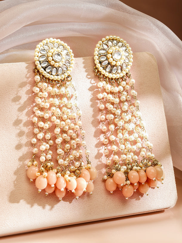Rubans 18K Gold-Plated Multilayered Kundan & Pearl Beaded Long Earrings with Peach Pink Beads