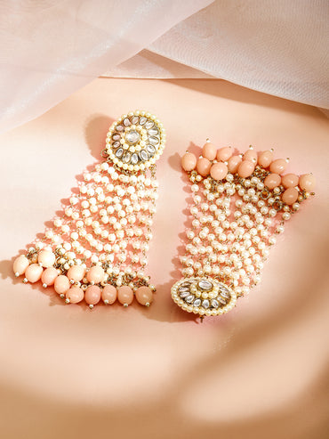 Rubans 18K Gold-Plated Multilayered Kundan & Pearl Beaded Long Earrings with Peach Pink Beads