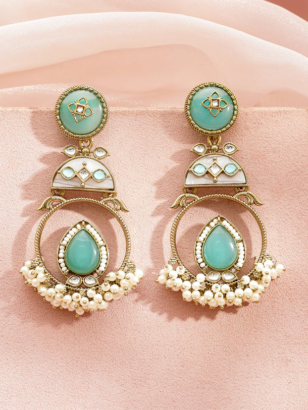 Gold Pearl Beaded Aqua Green Dangler Earrings
