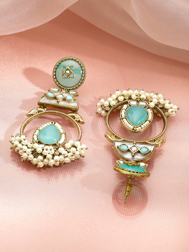 Gold Pearl Beaded Aqua Green Dangler Earrings