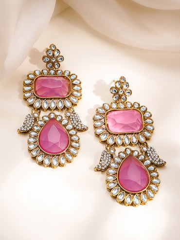 Statement Pink American Diamond Drop Earrings