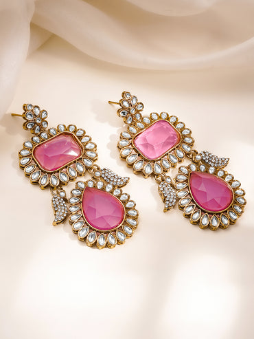 Statement Pink American Diamond Drop Earrings