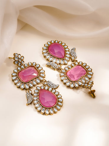 Statement Pink American Diamond Drop Earrings