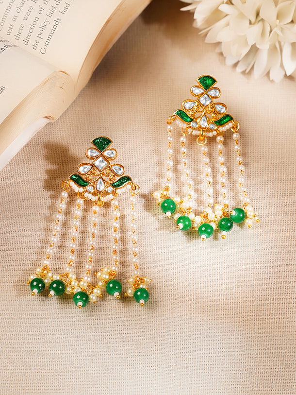 Gold Plated Peral & Green Beaded Kundan Dangler Earrings