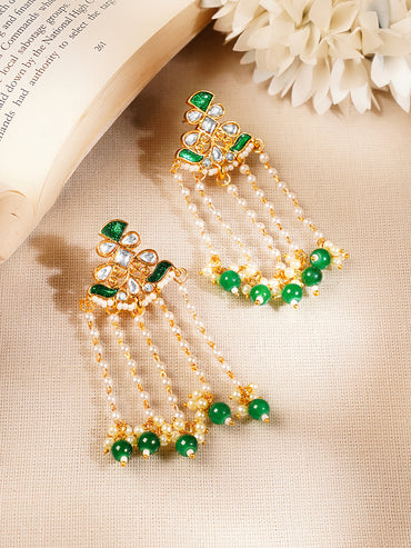 Gold Plated Peral & Green Beaded Kundan Dangler Earrings