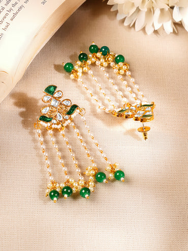 Gold Plated Peral & Green Beaded Kundan Dangler Earrings