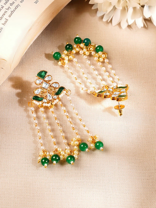 Gold Plated Peral & Green Beaded Kundan Dangler Earrings