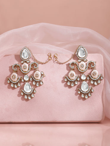 Rose Gold Kundan Pearl Swirl Chandelier Earrings