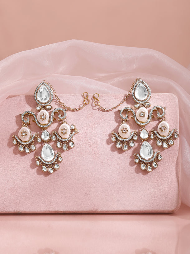 Rose Gold Kundan Pearl Swirl Chandelier Earrings