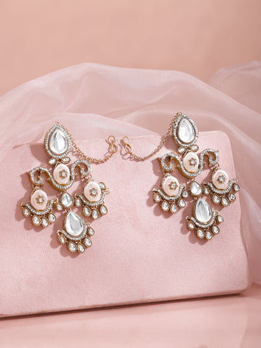 Rose Gold Kundan Pearl Swirl Chandelier Earrings