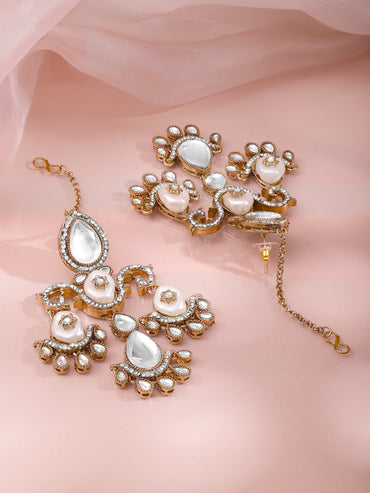 Rose Gold Kundan Pearl Swirl Chandelier Earrings