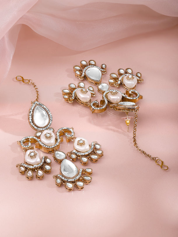 Rose Gold Kundan Pearl Swirl Chandelier Earrings