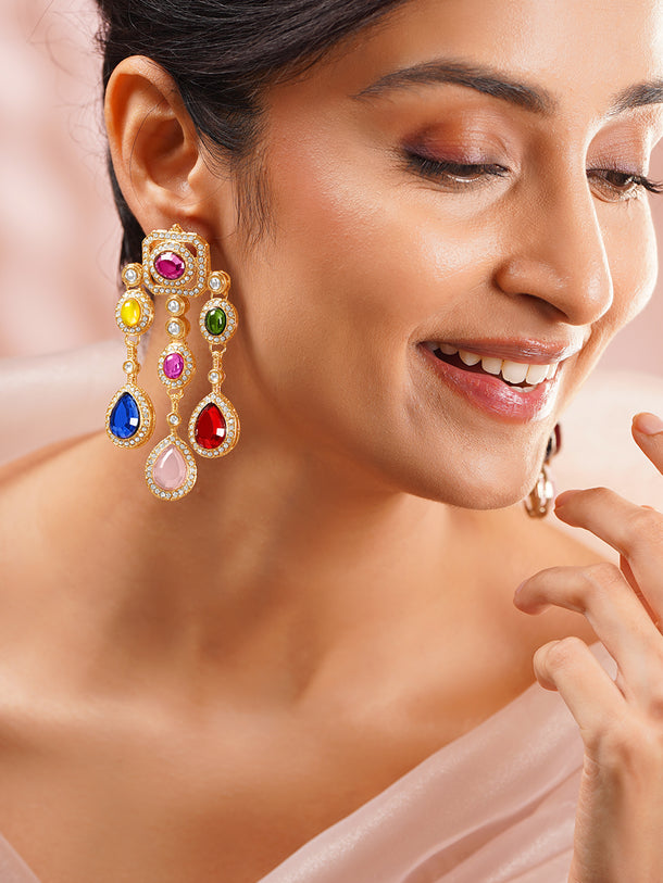 Gold Plated Rainbow Crystal Cascade Statement Drop Earrings