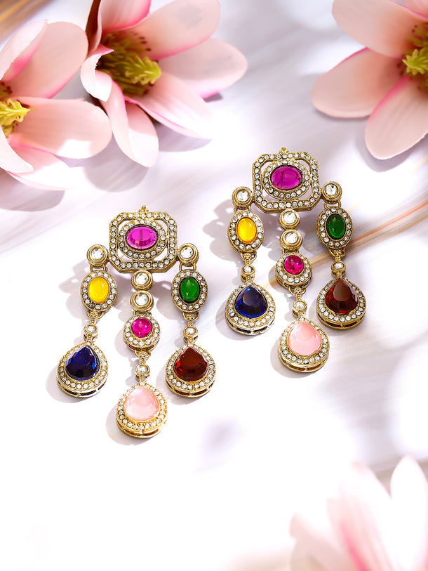 Gold Plated Rainbow Crystal Cascade Statement Drop Earrings