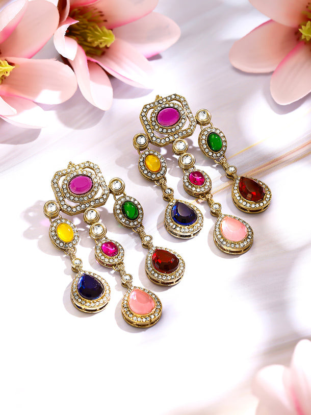 Gold Plated Rainbow Crystal Cascade Statement Drop Earrings