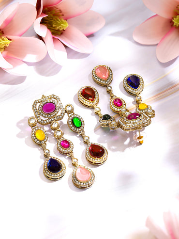 Gold Plated Rainbow Crystal Cascade Statement Drop Earrings