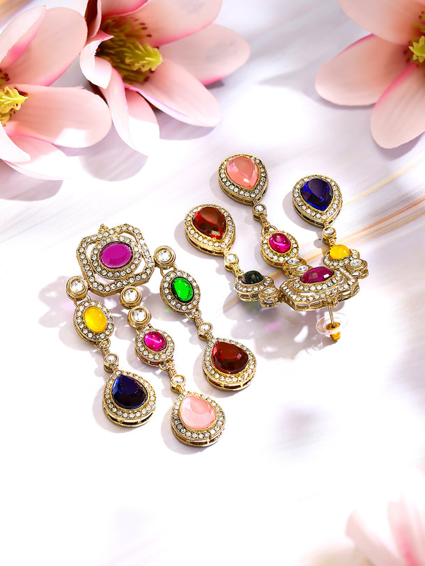 Gold Plated Rainbow Crystal Cascade Statement Drop Earrings