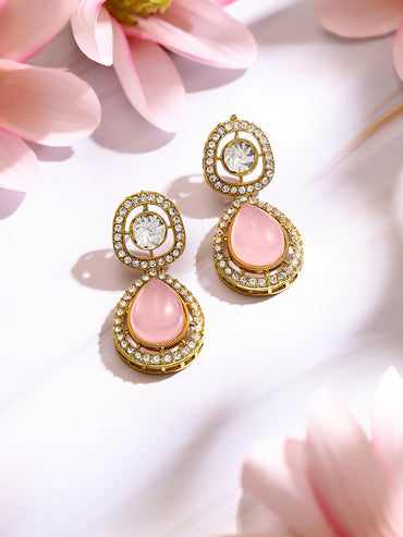 Gold Plated Blush Rose Polki Halo Teardrop Earrings