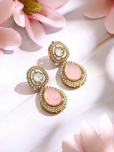 Gold Plated Blush Rose Polki Halo Teardrop Earrings