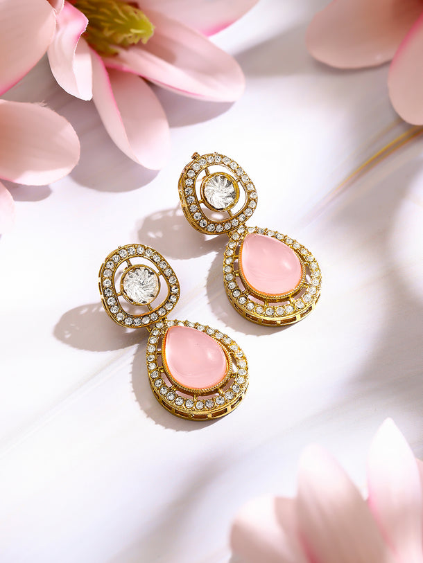 Gold Plated Blush Rose Polki Halo Teardrop Earrings