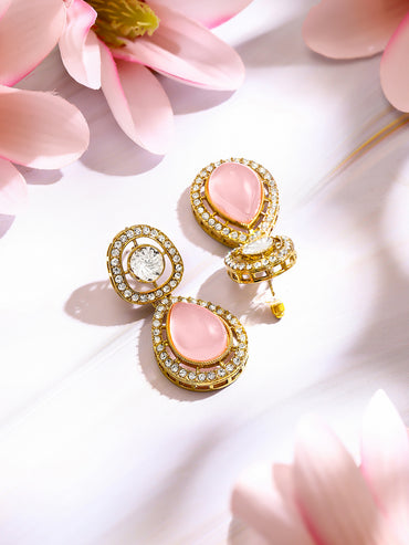 Gold Plated Blush Rose Polki Halo Teardrop Earrings