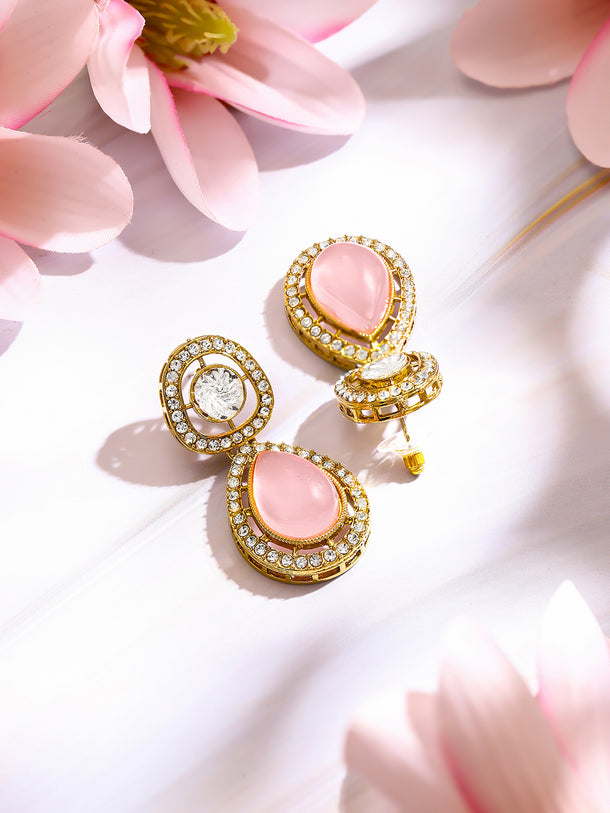 Gold Plated Blush Rose Polki Halo Teardrop Earrings