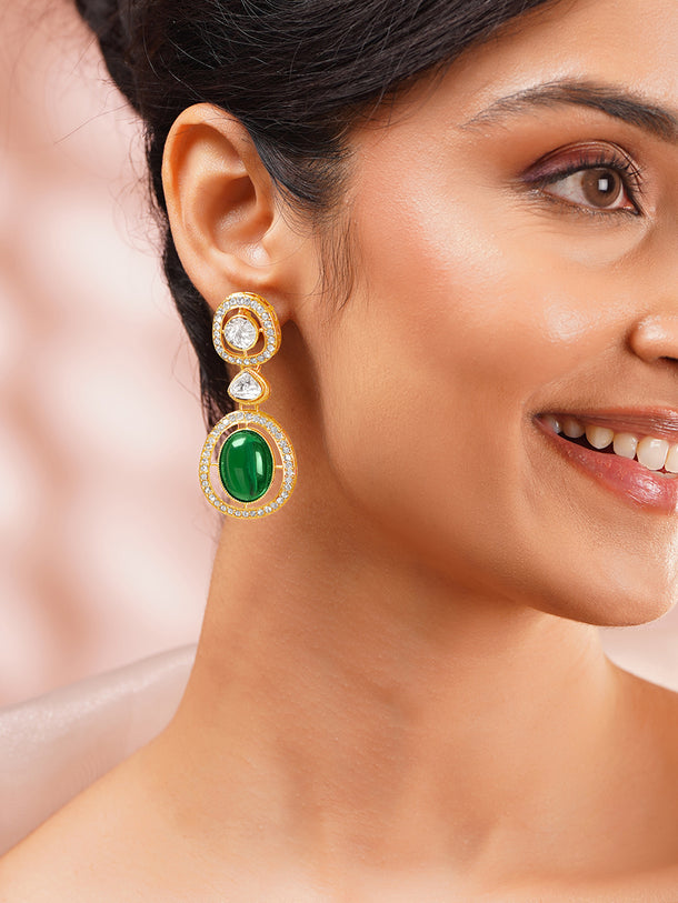 Gold Plated Emerald Regal Polki Halo Statement Drop Earrings